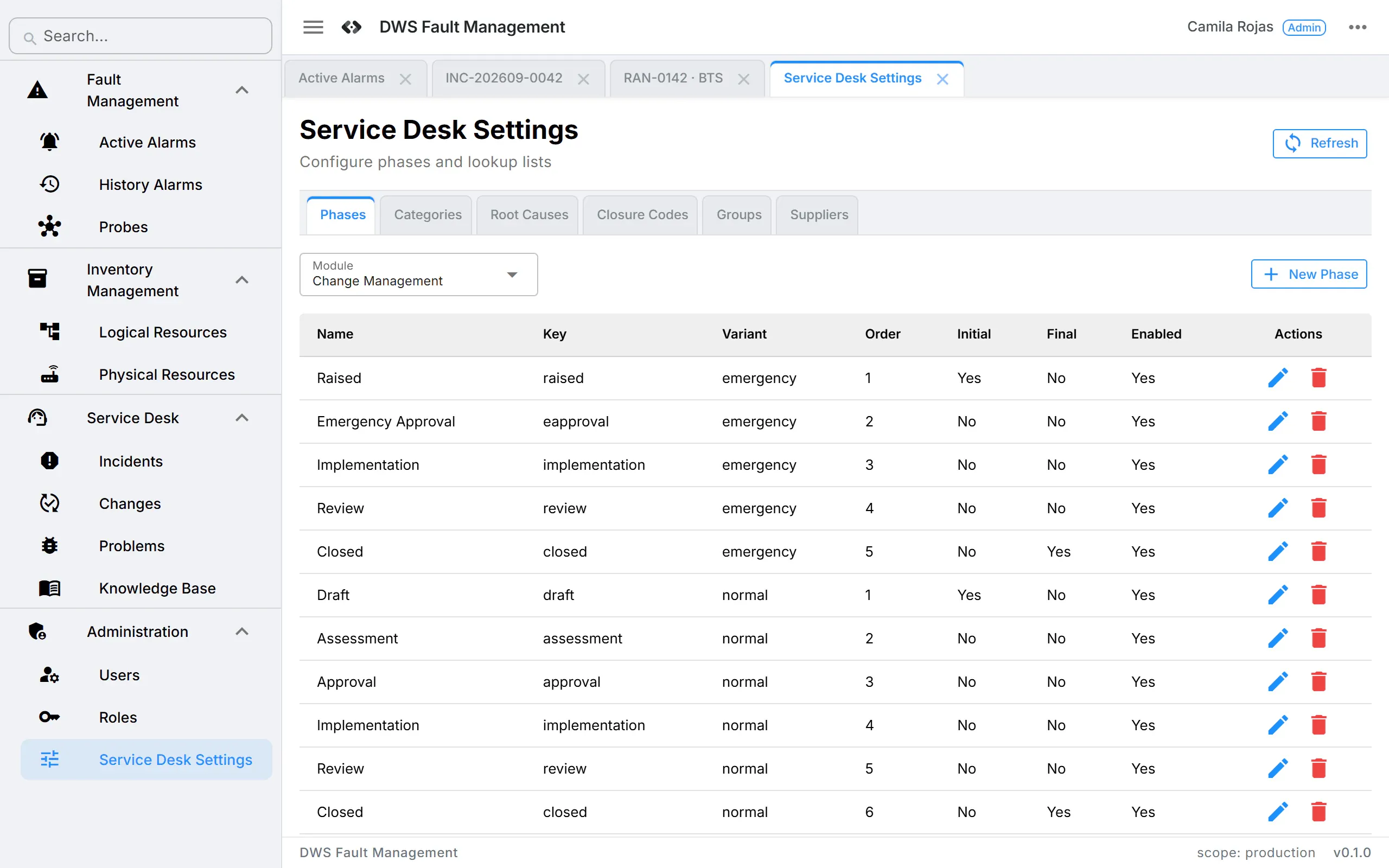 Service Desk Settings with the configurable workflow phases for emergency and normal changes, and tabs for categories, root causes, closure codes, groups and suppliers.