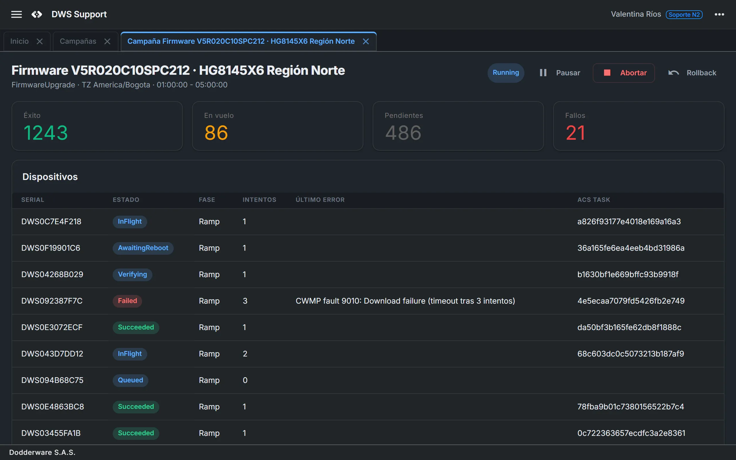 Campaign detail for a running firmware rollout, with success, in-flight, pending and failure counters and a live per-device table showing state, phase, attempts and errors.