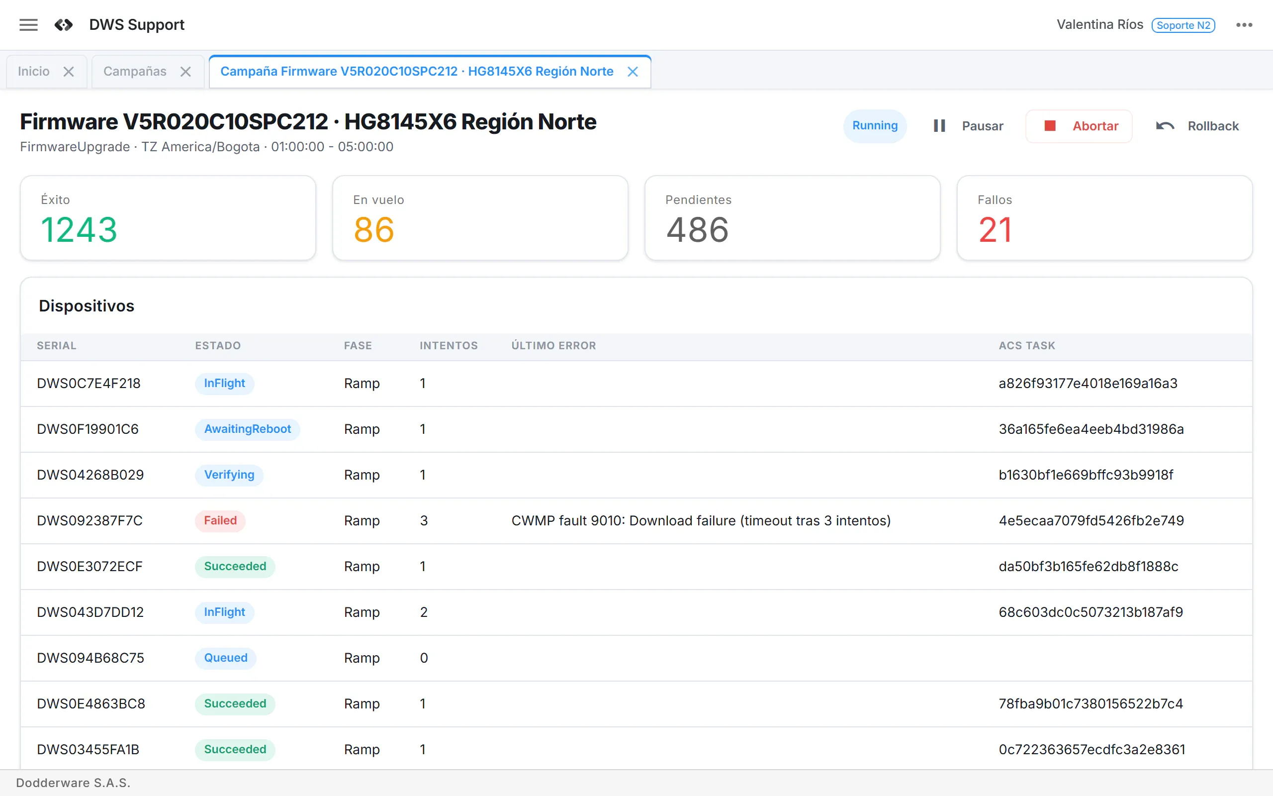 Campaign detail for a running firmware rollout, with success, in-flight, pending and failure counters and a live per-device table showing state, phase, attempts and errors.