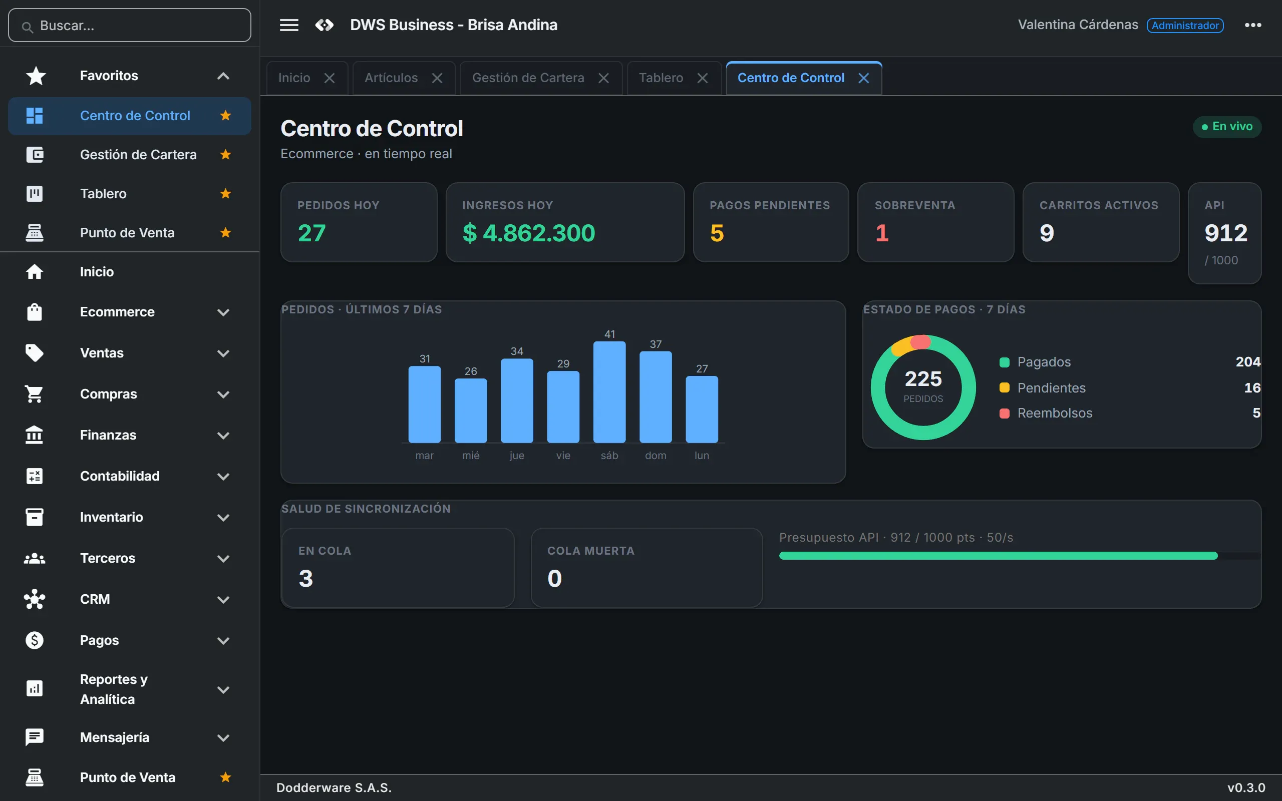 Online store command center with live KPIs for orders, revenue, pending payments and active carts, a 7-day orders chart and a payment status donut.