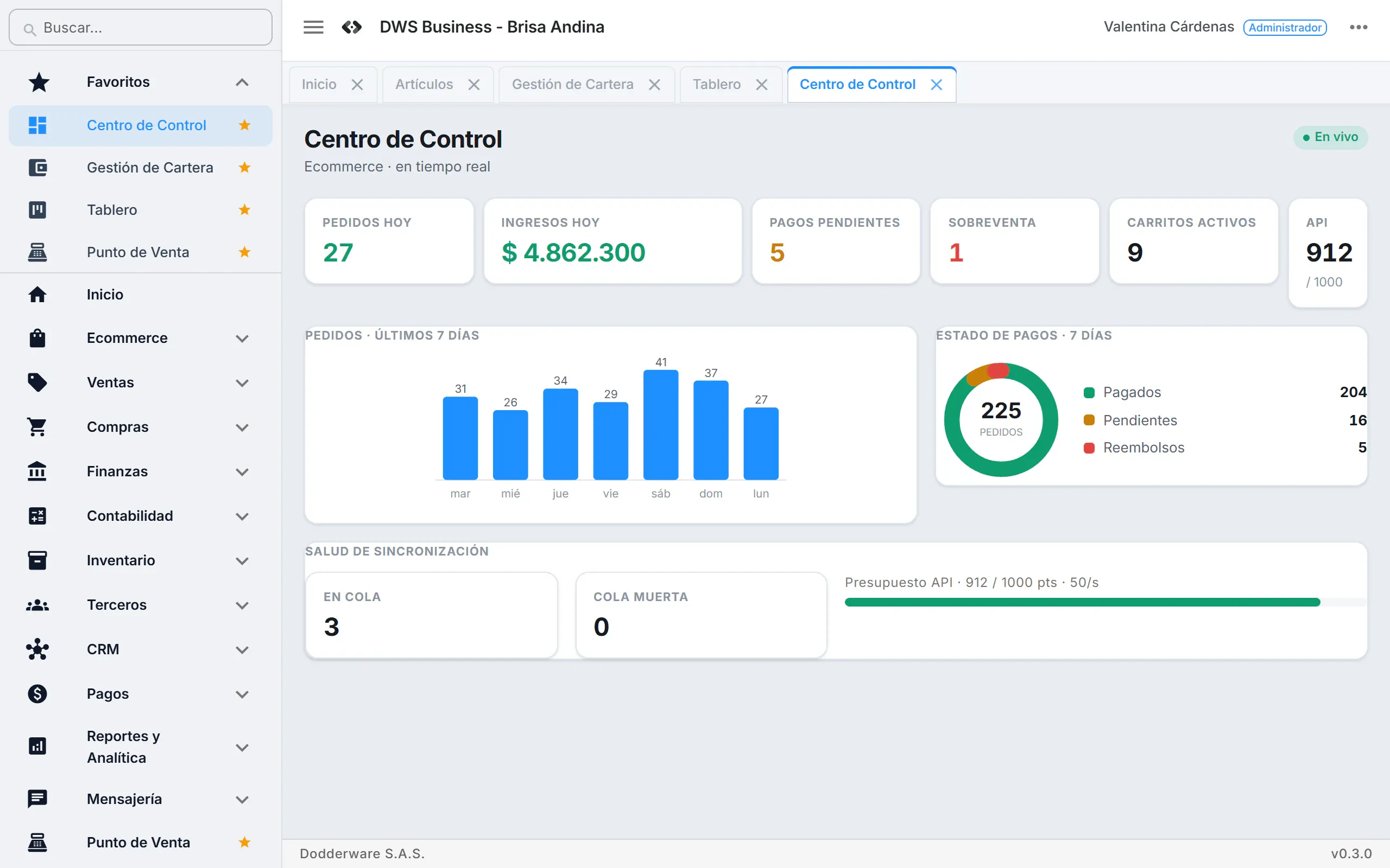 Online store command center with live KPIs for orders, revenue, pending payments and active carts, a 7-day orders chart and a payment status donut.