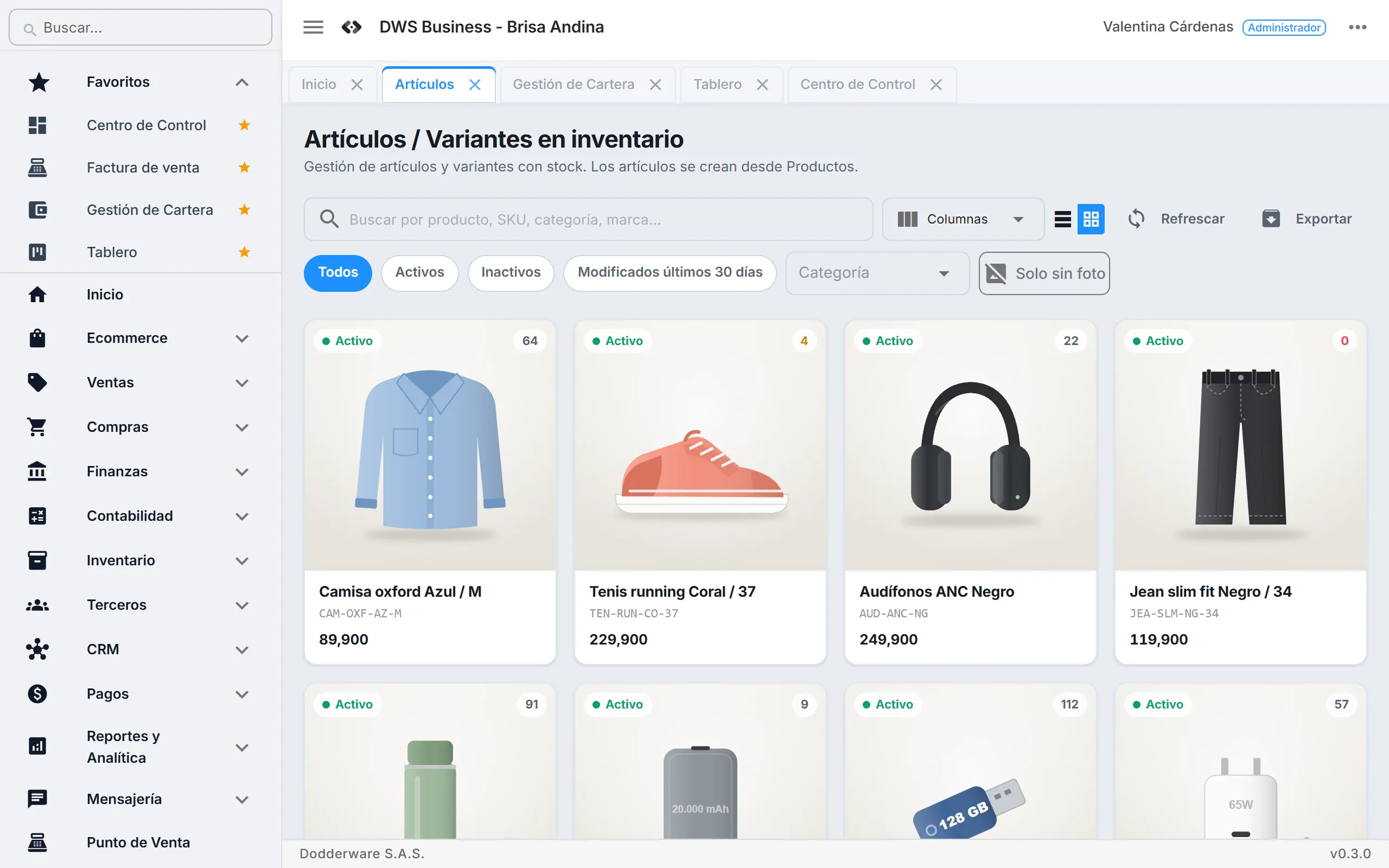DWS Business workspace with the module sidebar and five open tabs, showing the inventory items in grid view as product cards with their SKU, price, status and a stock count that flags low and out-of-stock items.
